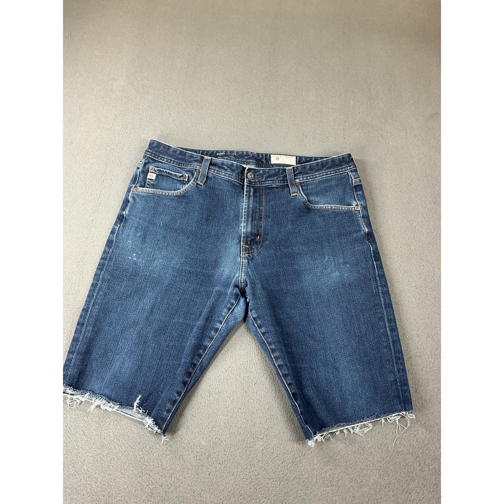 AG Everett Shorts Mens 34 Blue Medium Wash Denim 360 Cutoff Frayed Hem Bermuda